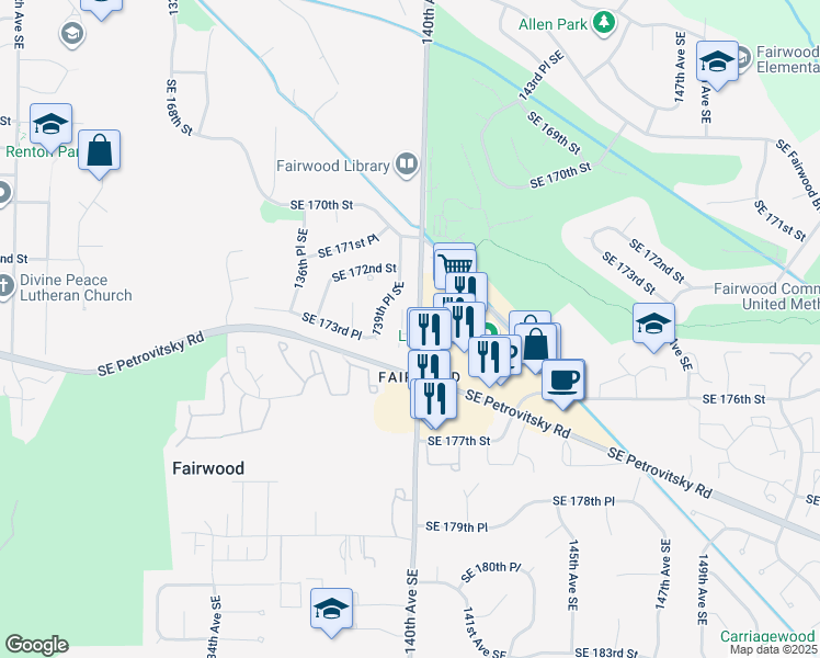 map of restaurants, bars, coffee shops, grocery stores, and more near 17250 140th Avenue Southeast in Renton