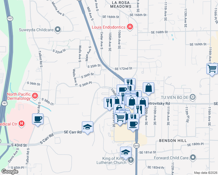map of restaurants, bars, coffee shops, grocery stores, and more near 17420 106th Place Southeast in Renton