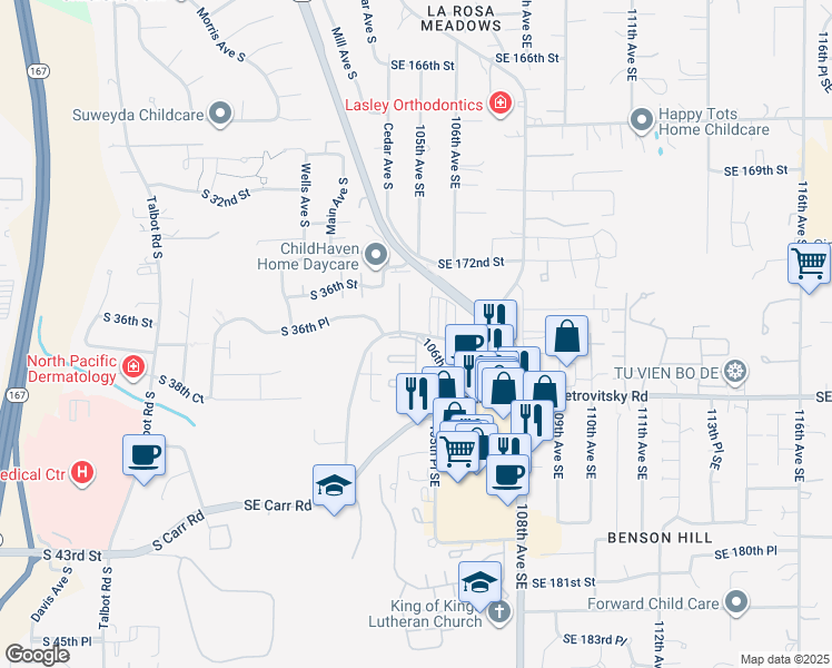 map of restaurants, bars, coffee shops, grocery stores, and more near 10408 Southeast 174th Street in Renton