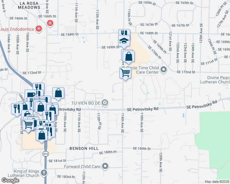 map of restaurants, bars, coffee shops, grocery stores, and more near 11503 Southeast 173rd Street in Renton