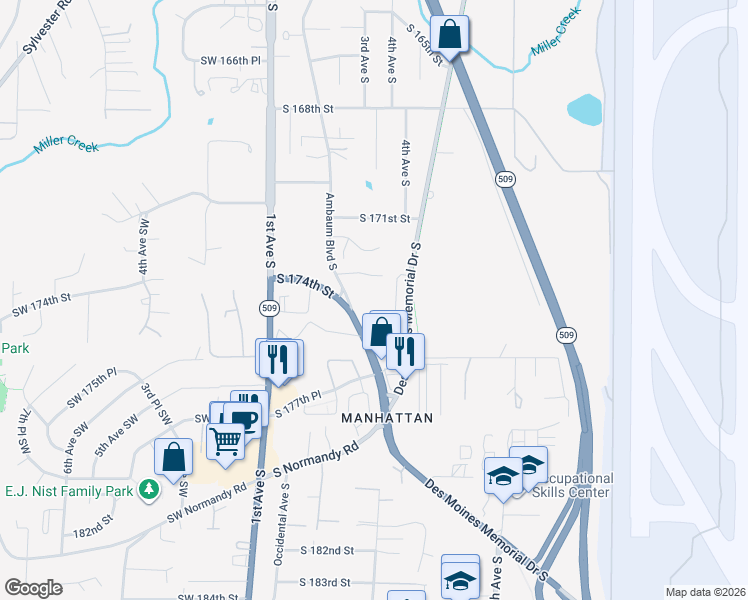 map of restaurants, bars, coffee shops, grocery stores, and more near 310 South 174th Place in Burien