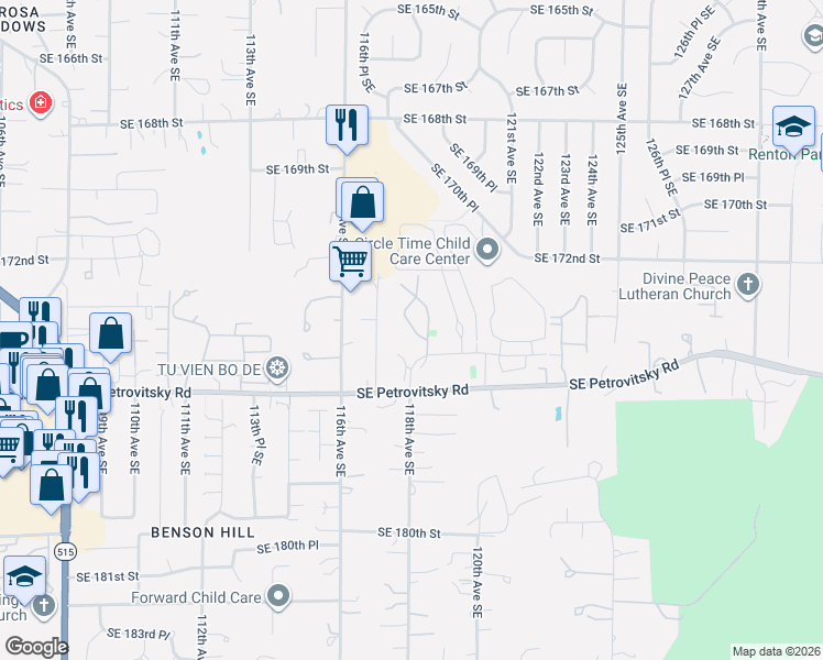 map of restaurants, bars, coffee shops, grocery stores, and more near 17311 119th Lane Southeast in Renton