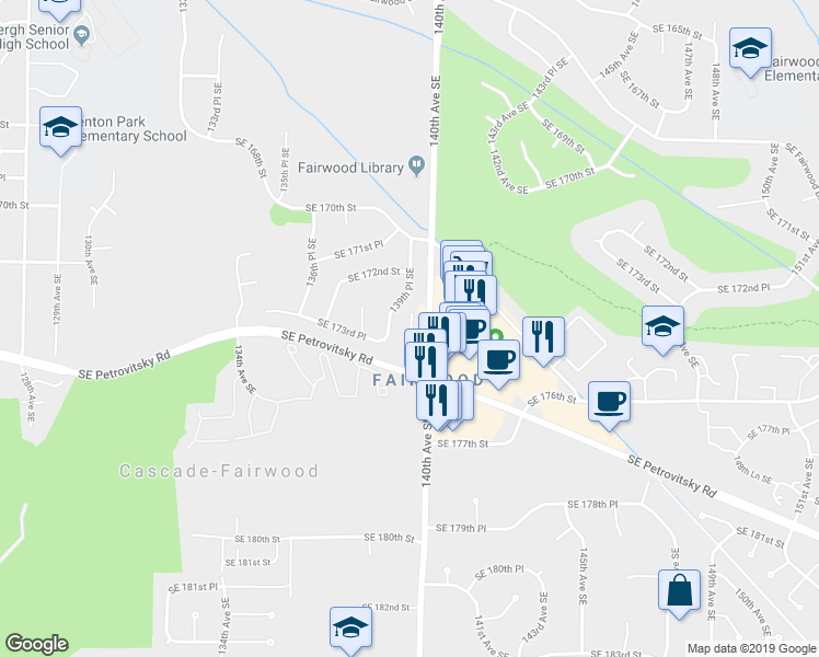 map of restaurants, bars, coffee shops, grocery stores, and more near 17264 139th Place Southeast in Renton