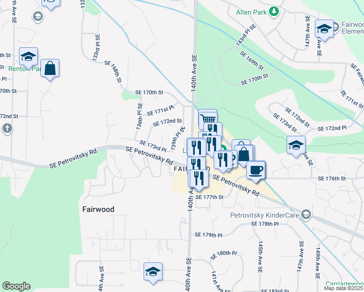map of restaurants, bars, coffee shops, grocery stores, and more near 17264 139th Place Southeast in Renton