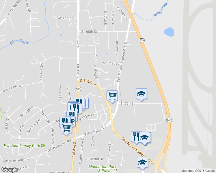 map of restaurants, bars, coffee shops, grocery stores, and more near 17430 Ambaum Boulevard South in Seattle
