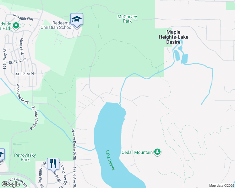 map of restaurants, bars, coffee shops, grocery stores, and more near 17338 West Lake Desire Drive Southeast in Renton