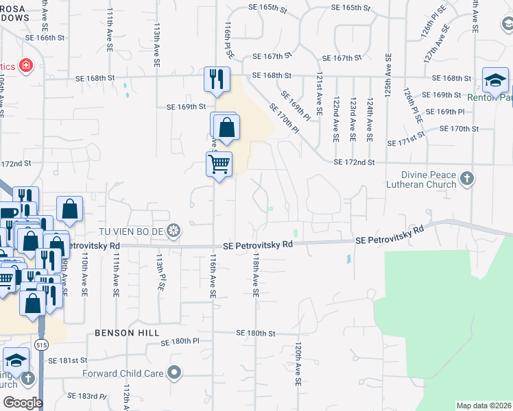 map of restaurants, bars, coffee shops, grocery stores, and more near 17515 118th Avenue Southeast in Renton