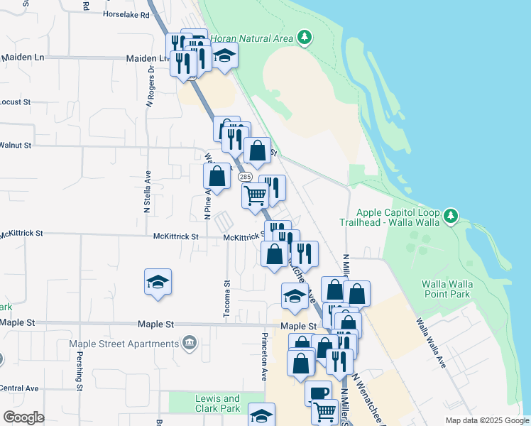 map of restaurants, bars, coffee shops, grocery stores, and more near North Wenatchee Avenue in Wenatchee