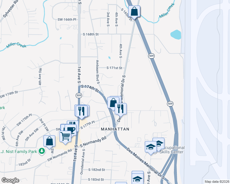 map of restaurants, bars, coffee shops, grocery stores, and more near 318 South 174th Place in Burien