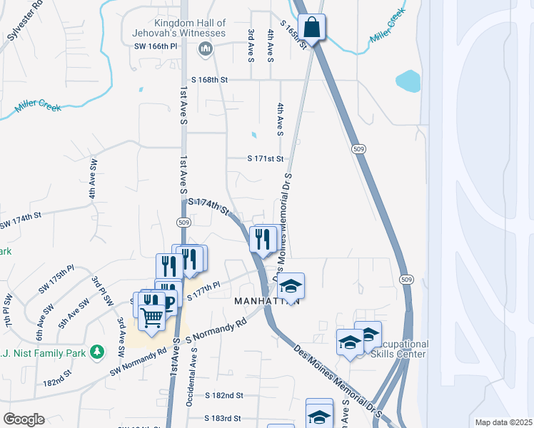 map of restaurants, bars, coffee shops, grocery stores, and more near 318 South 174th Place in Burien