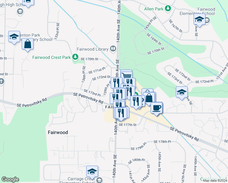 map of restaurants, bars, coffee shops, grocery stores, and more near 17250 140th Avenue Southeast in Renton
