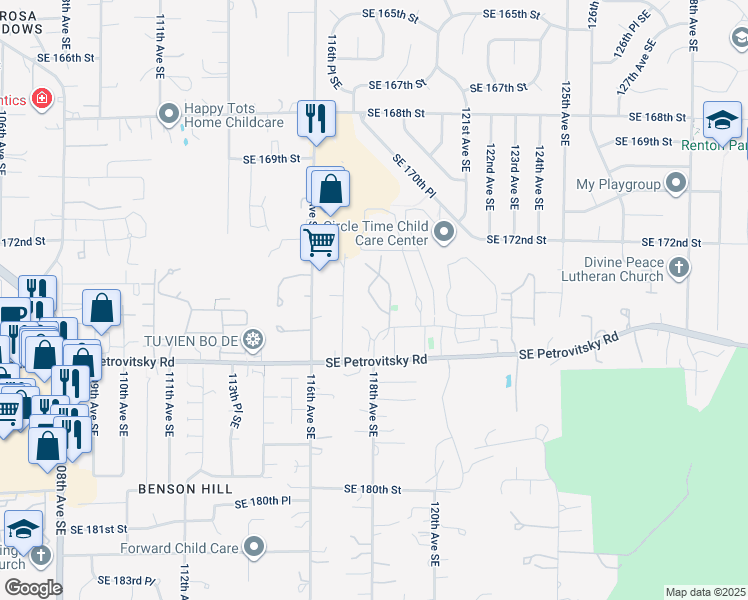 map of restaurants, bars, coffee shops, grocery stores, and more near 17330 117th Avenue Southeast in Renton