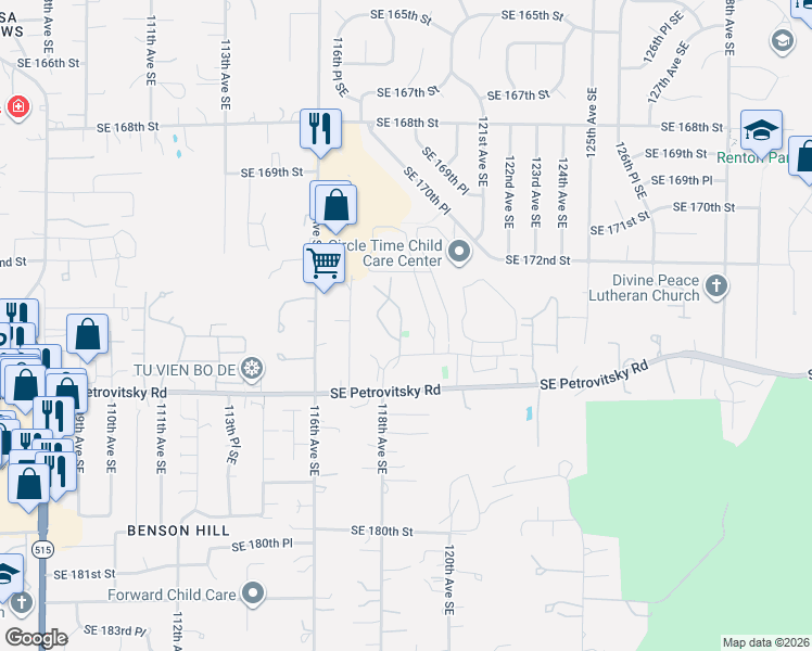 map of restaurants, bars, coffee shops, grocery stores, and more near 17425 120th Lane Southeast in Renton