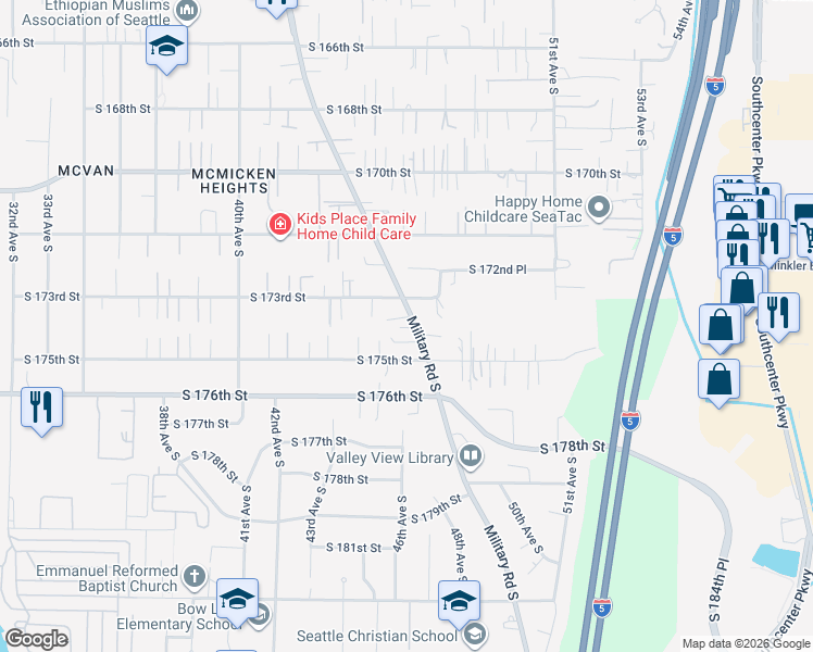 map of restaurants, bars, coffee shops, grocery stores, and more near 4436 South 175th Street in SeaTac