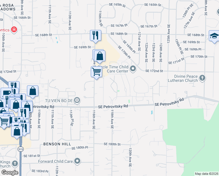 map of restaurants, bars, coffee shops, grocery stores, and more near 17413 119th Lane Southeast in Renton