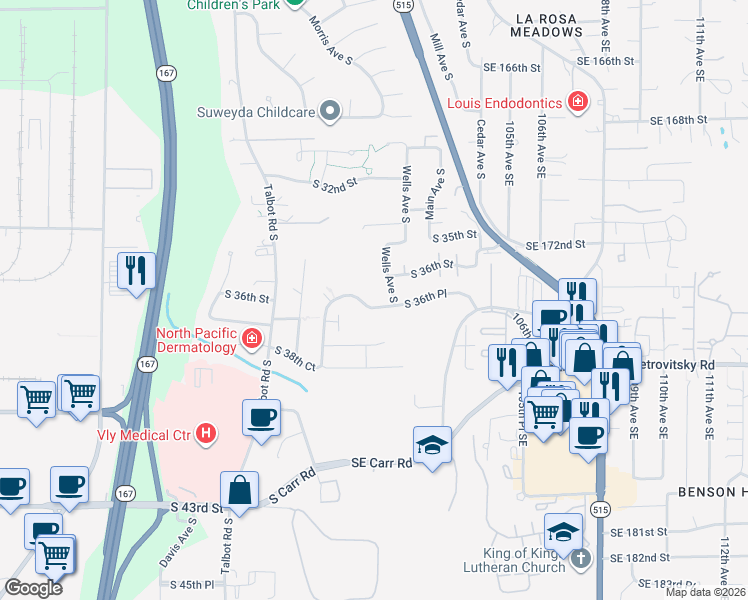 map of restaurants, bars, coffee shops, grocery stores, and more near 907 South 36th Place in Renton
