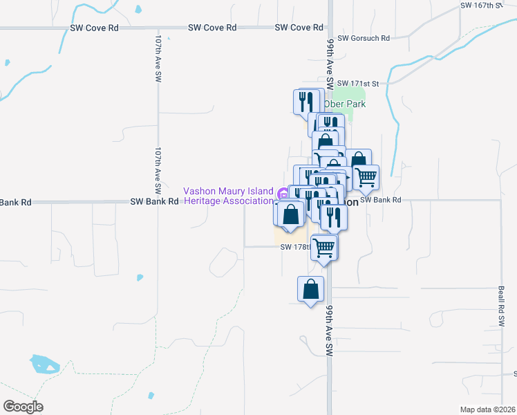 map of restaurants, bars, coffee shops, grocery stores, and more near 10109 Southwest Bank Road in Vashon