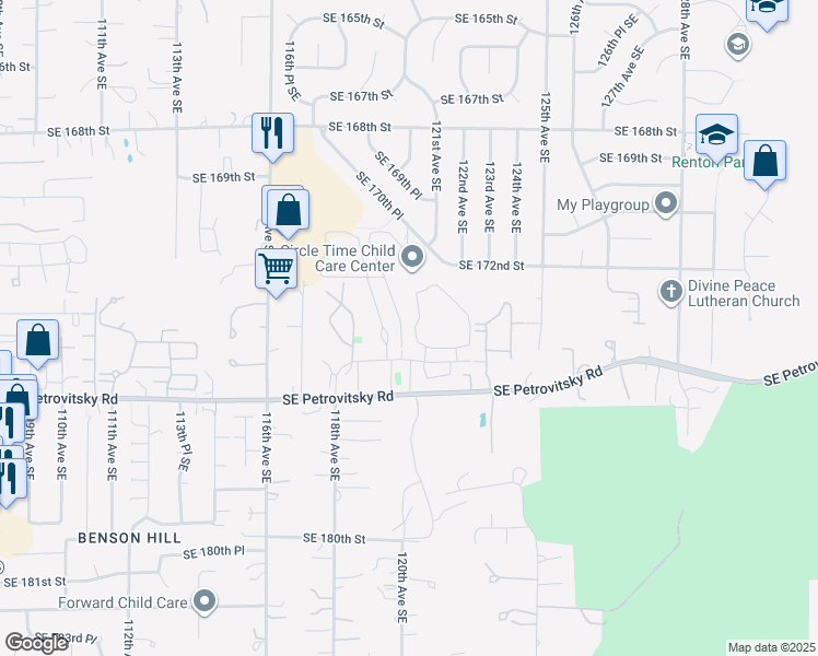 map of restaurants, bars, coffee shops, grocery stores, and more near 17333 121st Lane Southeast in Renton