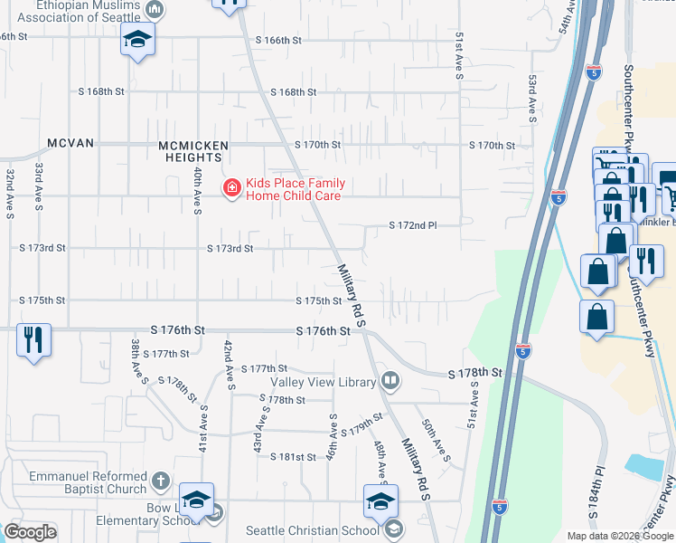 map of restaurants, bars, coffee shops, grocery stores, and more near 4436 South 175th Street in SeaTac
