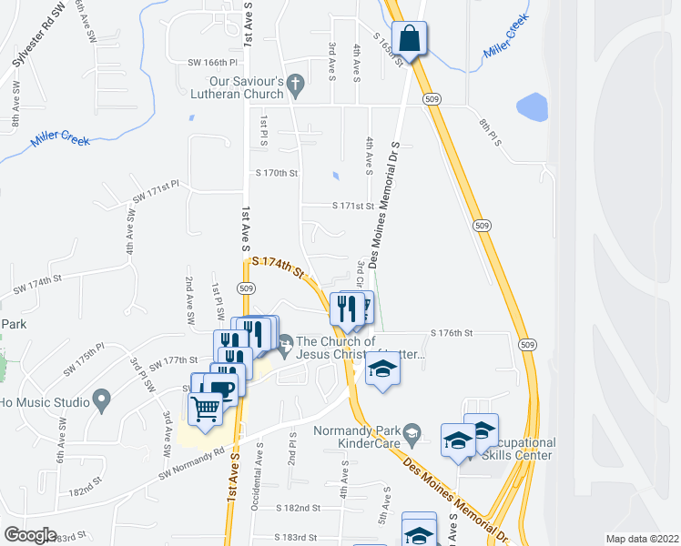 map of restaurants, bars, coffee shops, grocery stores, and more near 17430 Ambaum Boulevard South in Seattle