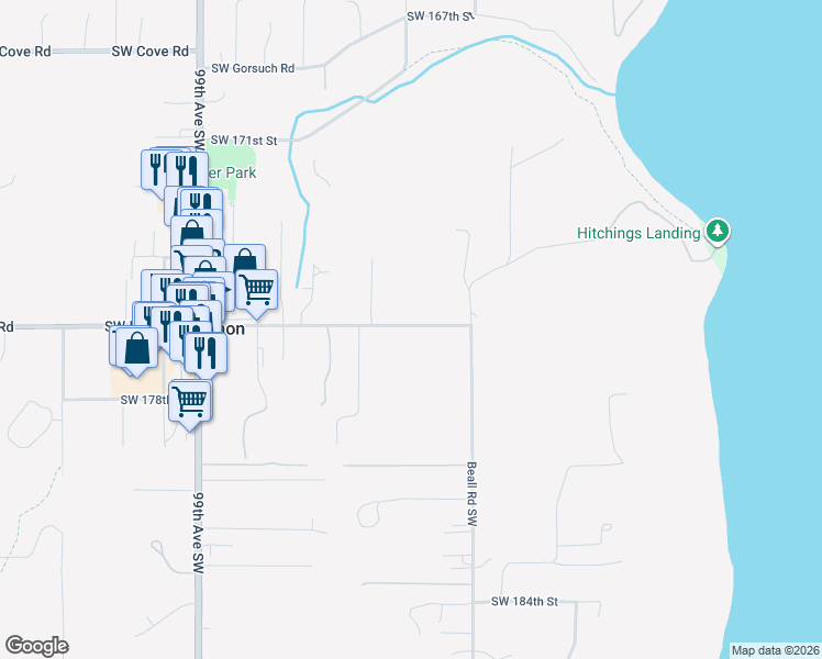 map of restaurants, bars, coffee shops, grocery stores, and more near 9220 Southwest Bank Road in Vashon