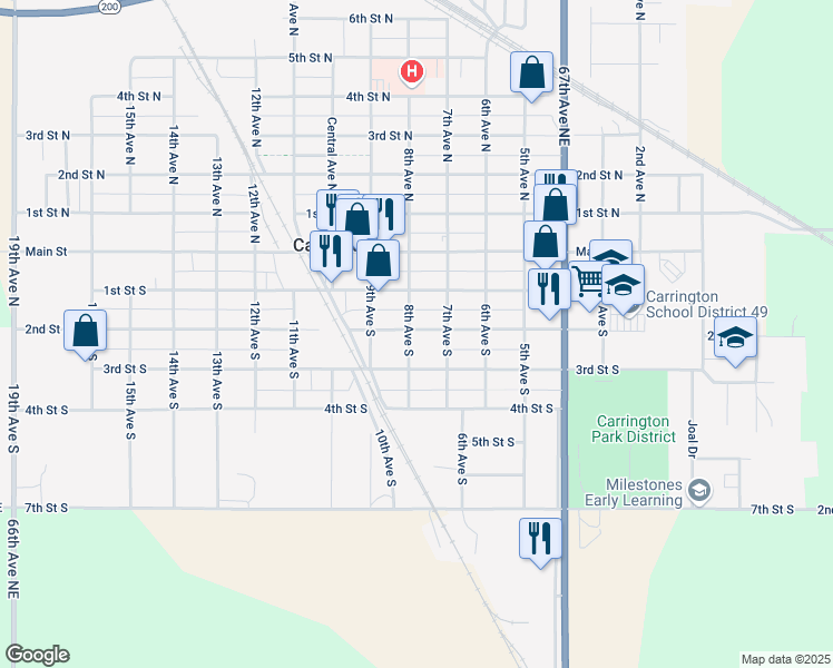 map of restaurants, bars, coffee shops, grocery stores, and more near 100-198 8th Avenue South in Carrington