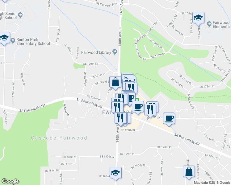 map of restaurants, bars, coffee shops, grocery stores, and more near 17212 140th Avenue Southeast in Renton