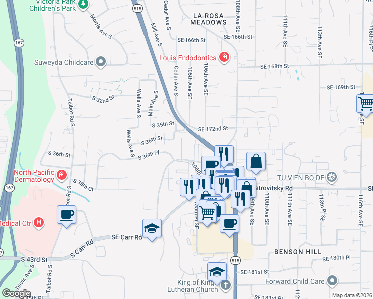 map of restaurants, bars, coffee shops, grocery stores, and more near 10408 Southeast 174th Street in Renton