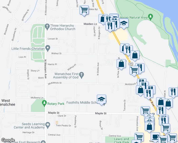 map of restaurants, bars, coffee shops, grocery stores, and more near 1524 Walnut Court in Wenatchee