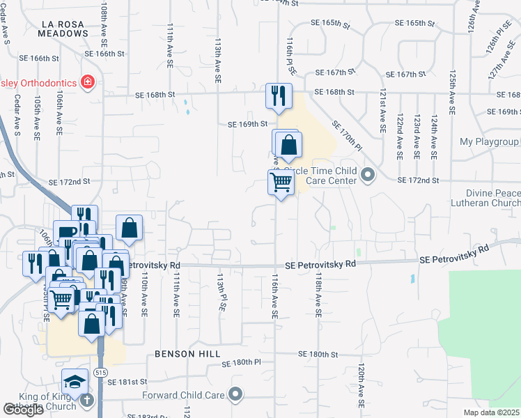 map of restaurants, bars, coffee shops, grocery stores, and more near 11544 Southeast 173rd Street in Renton