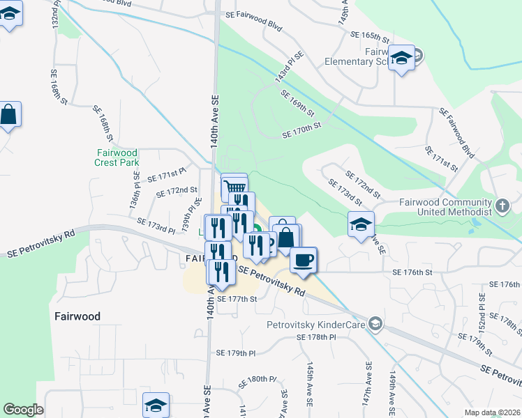 map of restaurants, bars, coffee shops, grocery stores, and more near 14100 Southeast 171st Way in Renton