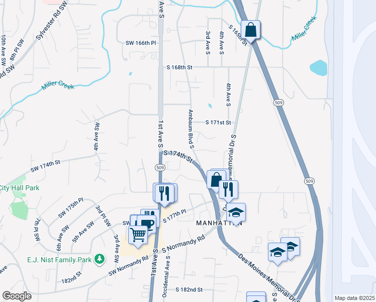 map of restaurants, bars, coffee shops, grocery stores, and more near 211 South 172nd Place in Burien