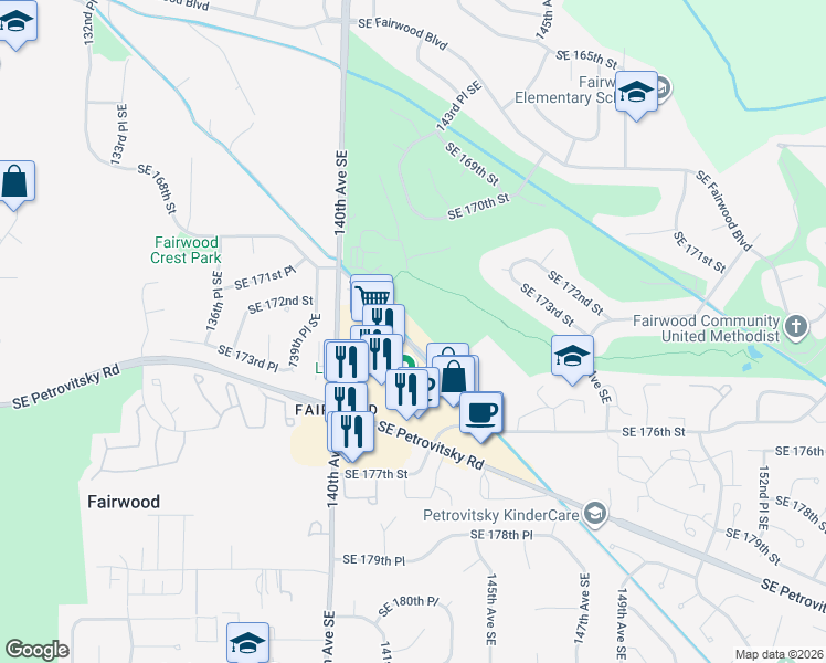 map of restaurants, bars, coffee shops, grocery stores, and more near 14100 Southeast 171st Way in Renton