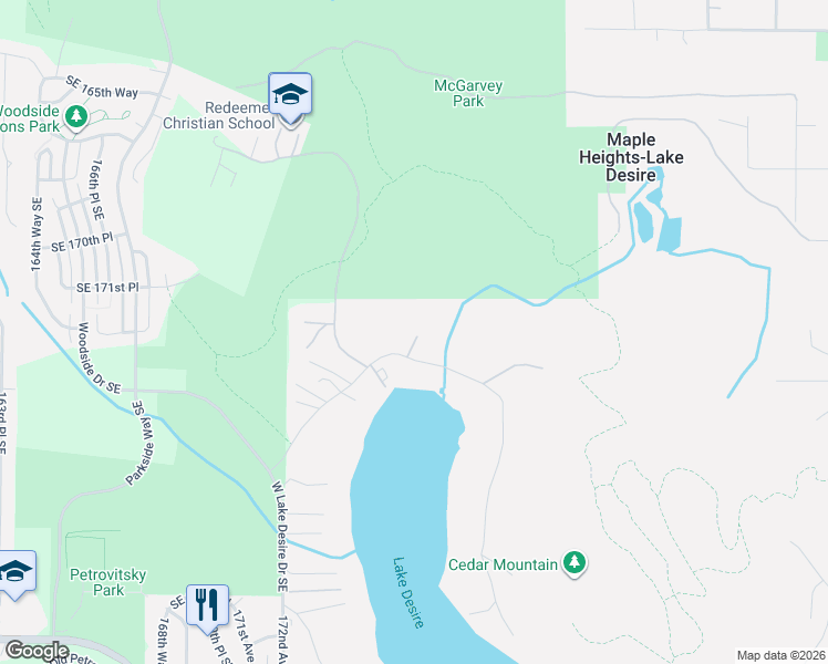map of restaurants, bars, coffee shops, grocery stores, and more near 17319 West Lake Desire Drive Southeast in Renton