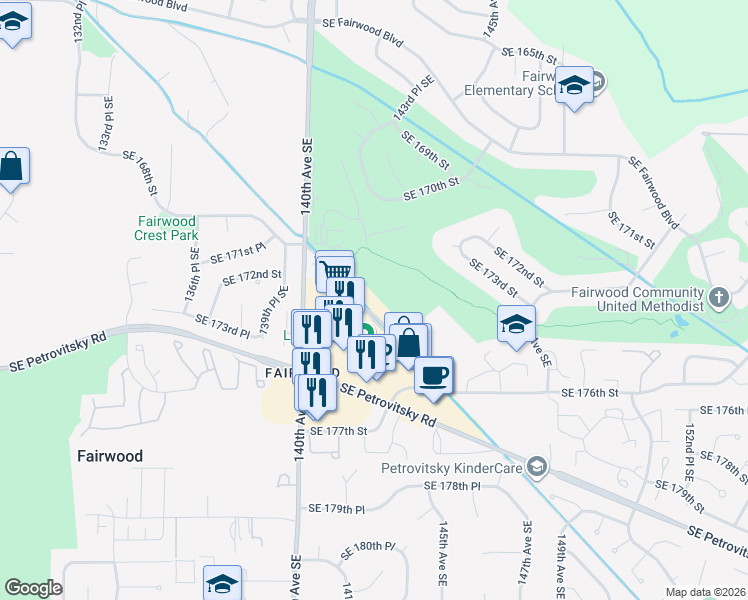 map of restaurants, bars, coffee shops, grocery stores, and more near 14100 Southeast 171st Way in Renton