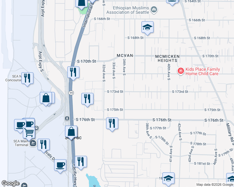 map of restaurants, bars, coffee shops, grocery stores, and more near 17256 33rd Avenue South in SeaTac