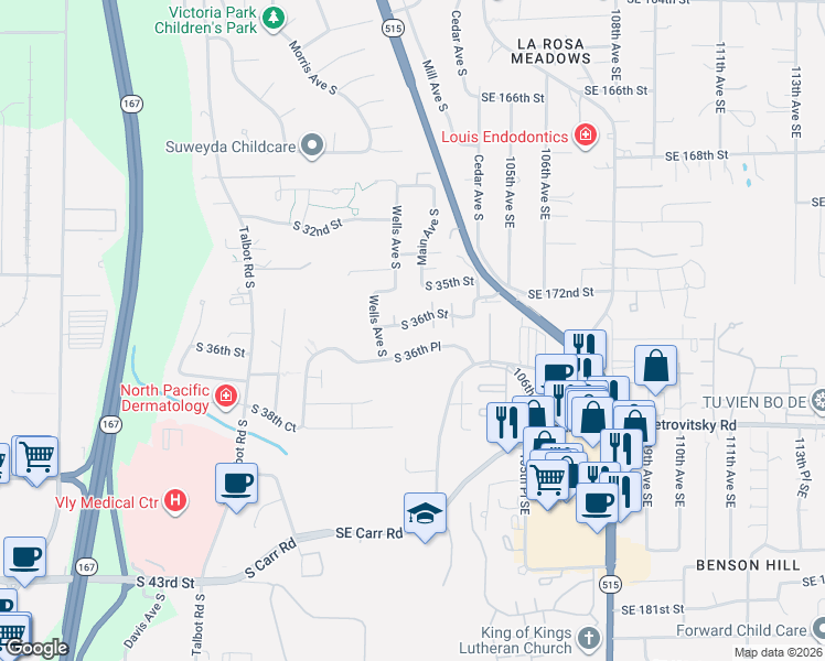 map of restaurants, bars, coffee shops, grocery stores, and more near 1123 South 36th Street in Renton