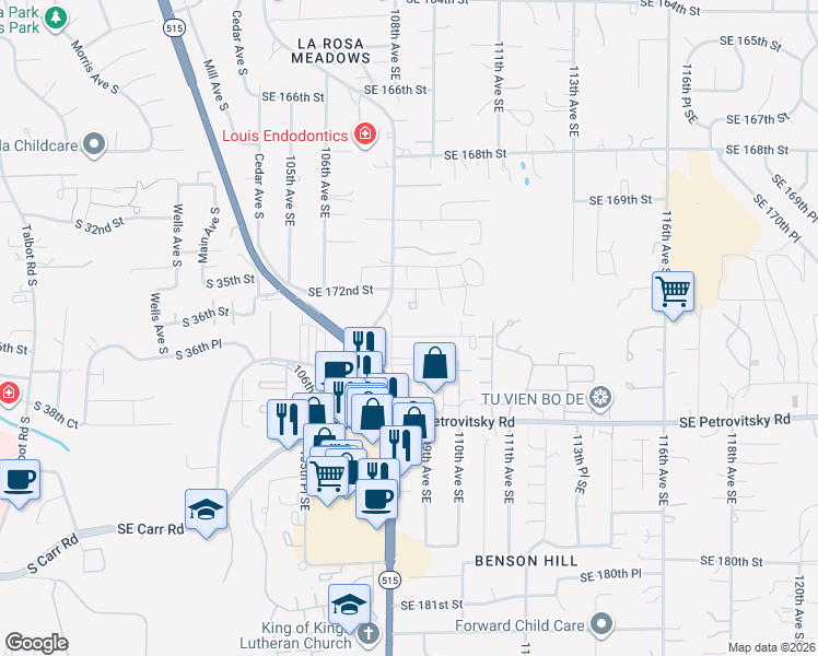map of restaurants, bars, coffee shops, grocery stores, and more near 10821 Southeast 172nd Street in Renton