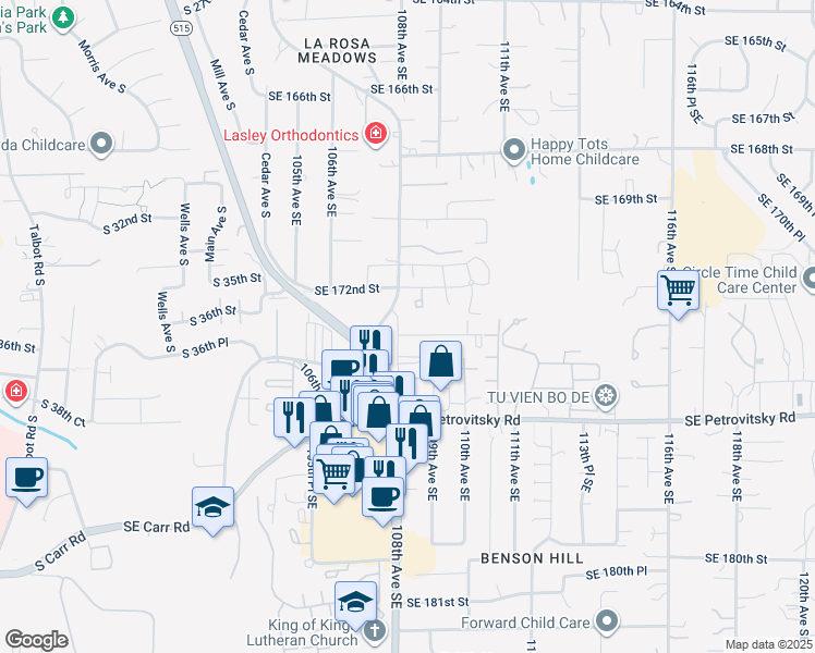 map of restaurants, bars, coffee shops, grocery stores, and more near 10821 Southeast 172nd Street in Renton