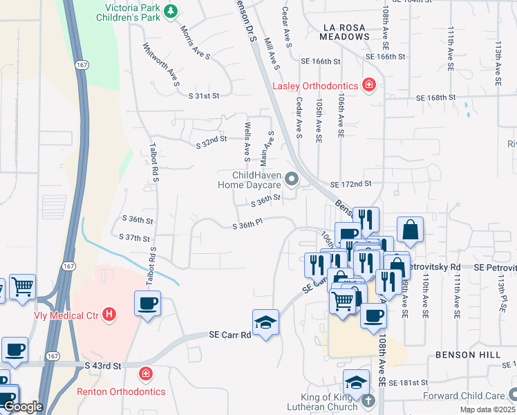 map of restaurants, bars, coffee shops, grocery stores, and more near 3514 Wells Place South in Renton
