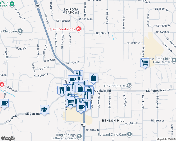 map of restaurants, bars, coffee shops, grocery stores, and more near 10814 Southeast 173rd Street in Renton