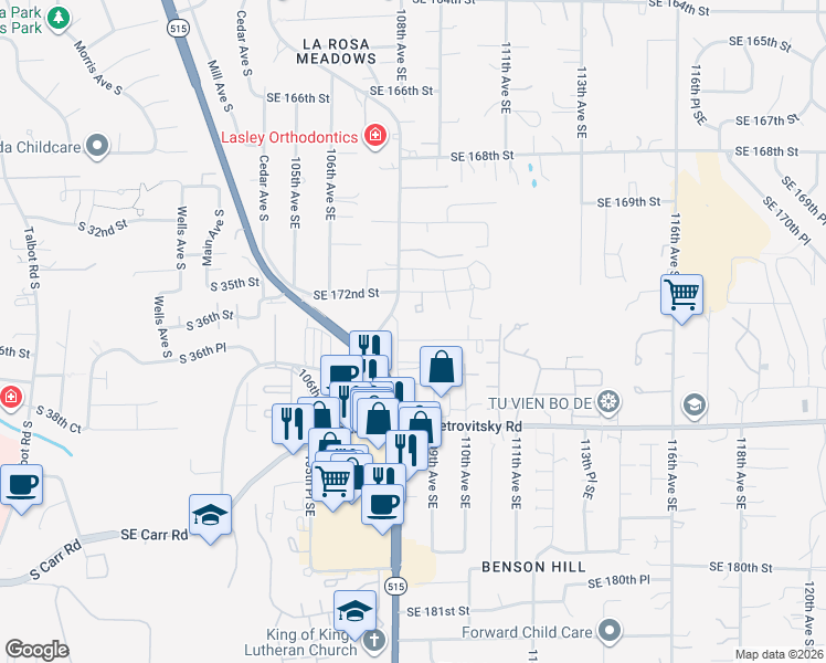 map of restaurants, bars, coffee shops, grocery stores, and more near 10814 Southeast 173rd Street in Renton