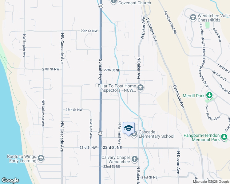 map of restaurants, bars, coffee shops, grocery stores, and more near 29 Elms Haven Place in East Wenatchee