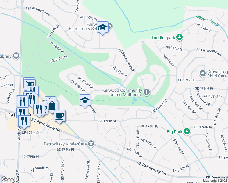 map of restaurants, bars, coffee shops, grocery stores, and more near 14823 Southeast 172nd Place in Renton