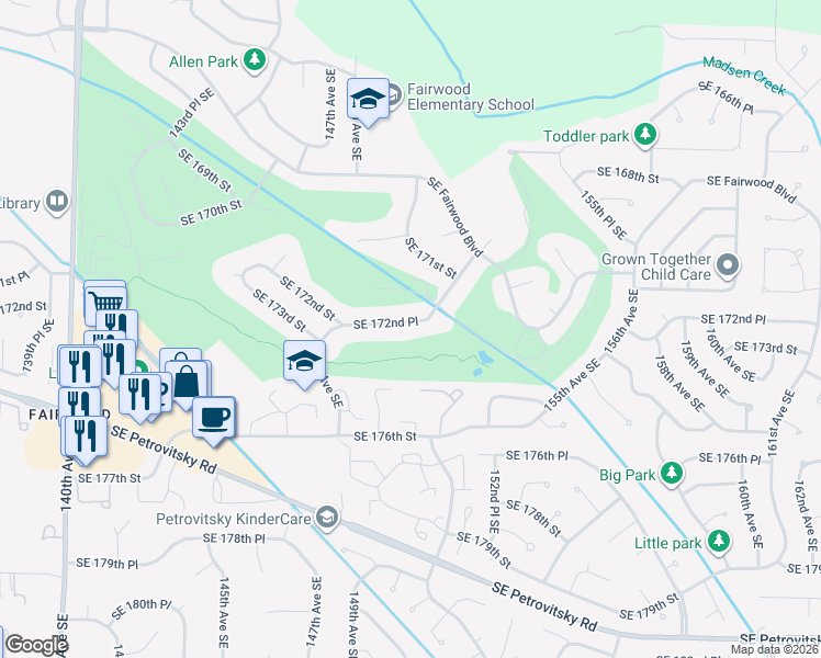 map of restaurants, bars, coffee shops, grocery stores, and more near 14823 Southeast 172nd Place in Renton