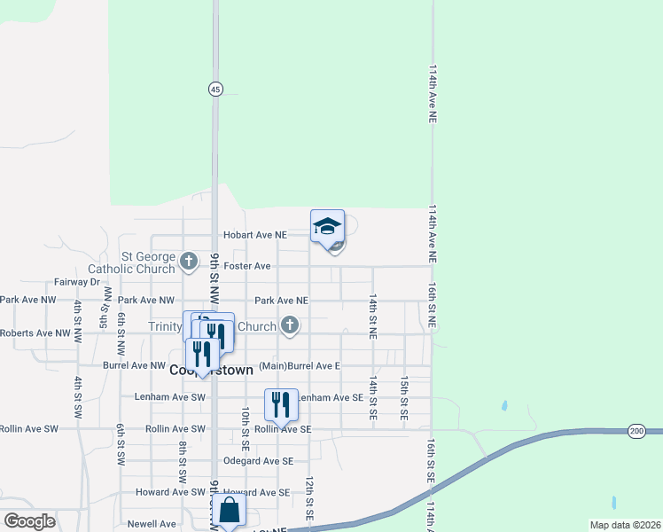 map of restaurants, bars, coffee shops, grocery stores, and more near 1367 Foster Avenue in Cooperstown