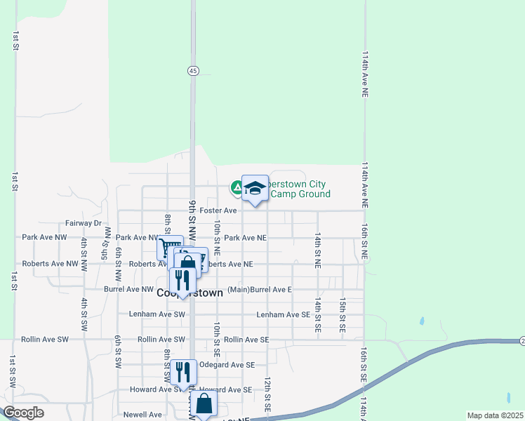 map of restaurants, bars, coffee shops, grocery stores, and more near 1207 Foster Avenue in Cooperstown