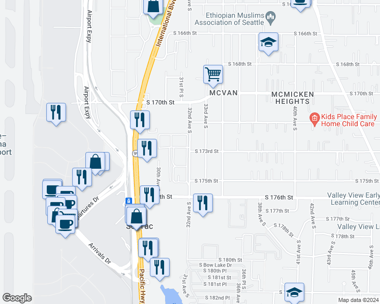 map of restaurants, bars, coffee shops, grocery stores, and more near 17303 32nd Avenue South in SeaTac
