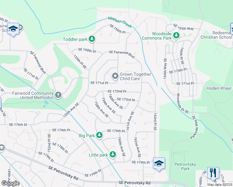 map of restaurants, bars, coffee shops, grocery stores, and more near 16019 Southeast 172nd Place in Renton