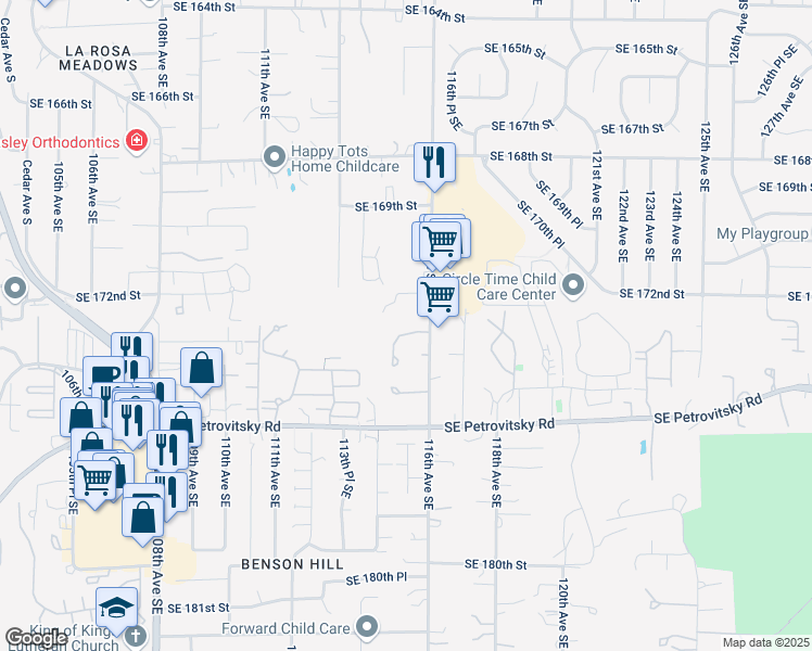 map of restaurants, bars, coffee shops, grocery stores, and more near 11544 Southeast 173rd Street in Renton